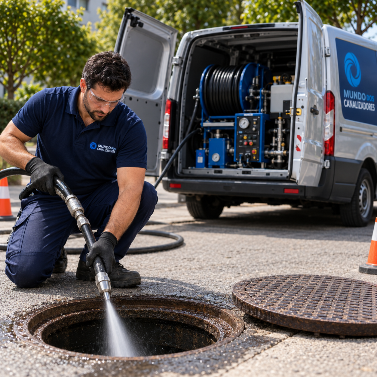 Limpeza de coletor de esgoto com equipamento profissional de alta pressão